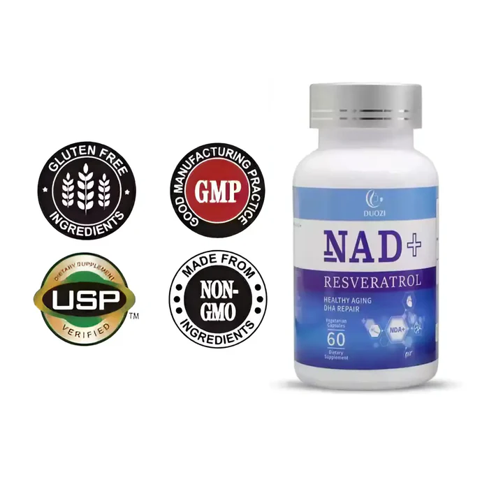 Gluten-free, GMP, USP verified and non-GMO seals next to the NAD+ bottle